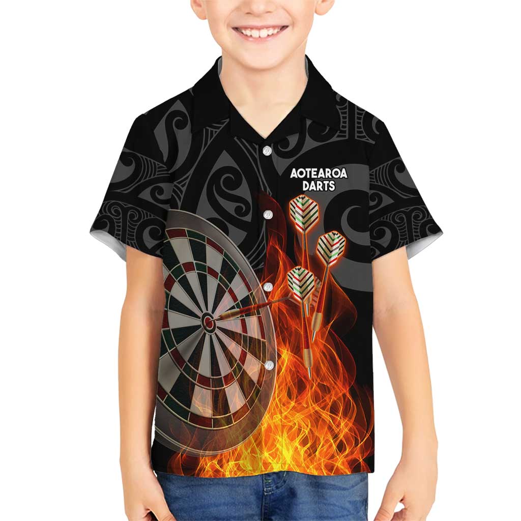 Personalised Aotearoa Darts Family Matching Summer Maxi Dress and Hawaiian Shirt Maori Koru Flaming Dartboard LT14 Son's Shirt Black - Polynesian Pride