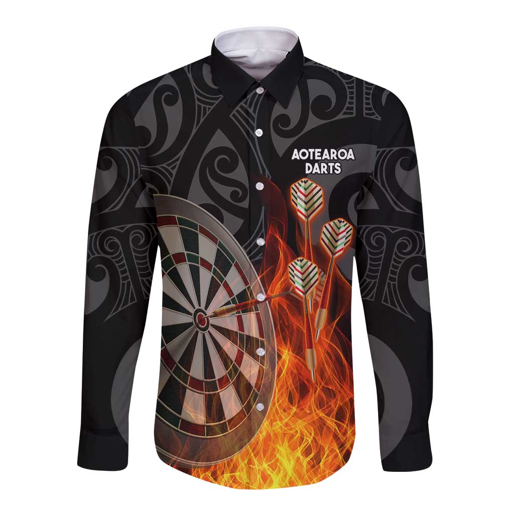 Personalised Aotearoa Darts Long Sleeve Button Shirt Maori Koru Flaming Dartboard