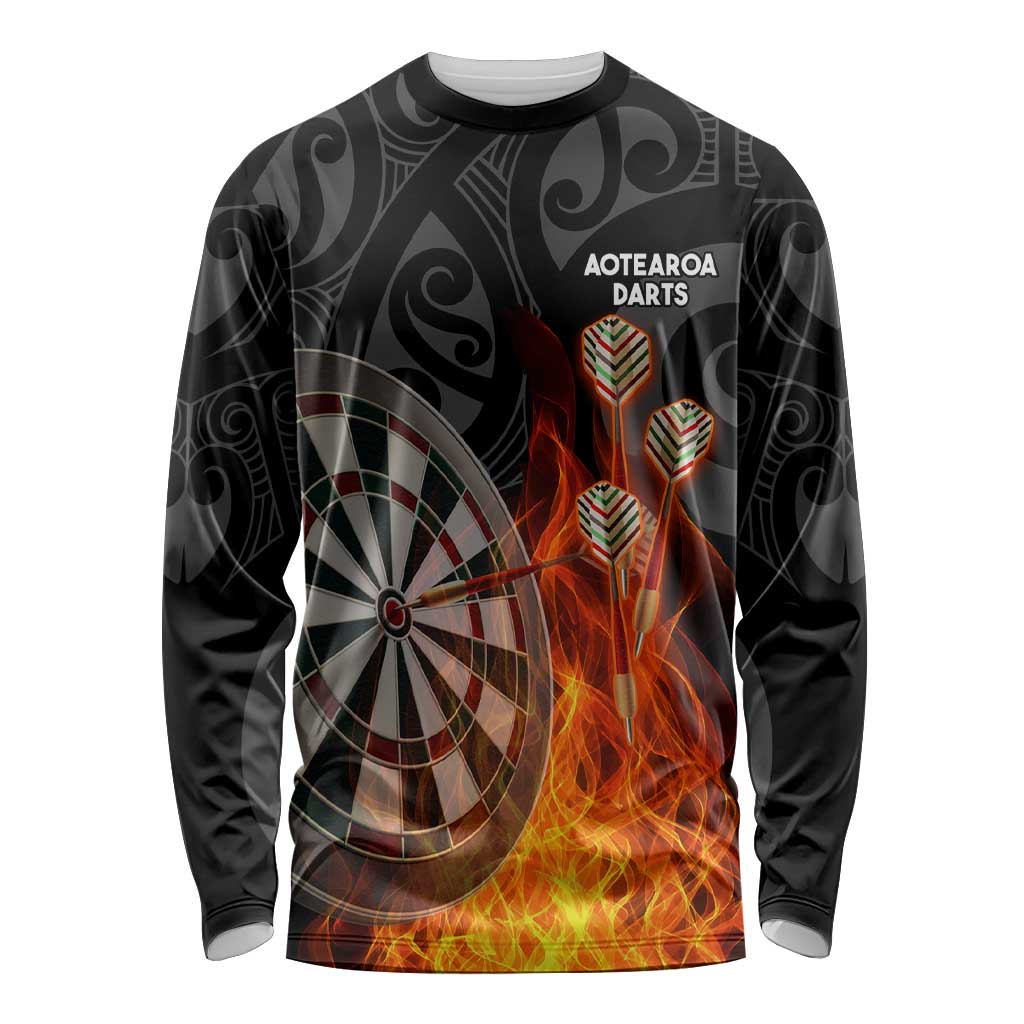 Personalised Aotearoa Darts Long Sleeve Shirt Maori Koru Flaming Dartboard