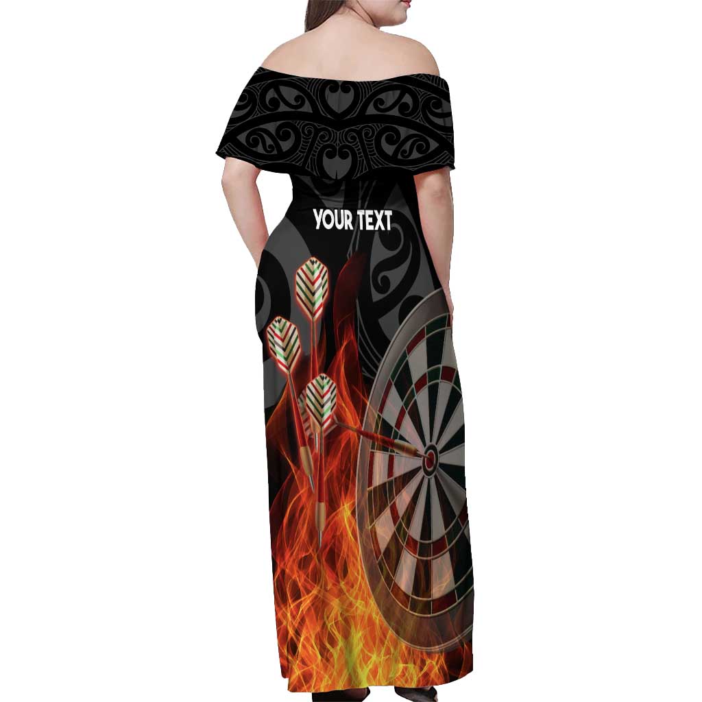 Personalised Aotearoa Darts Off Shoulder Maxi Dress Maori Koru Flaming Dartboard
