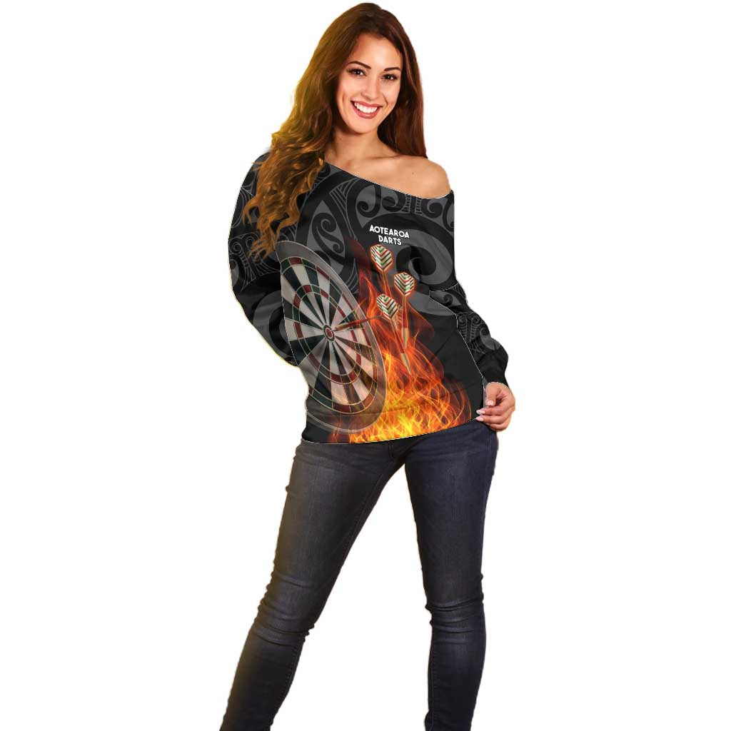 Personalised Aotearoa Darts Off Shoulder Sweater Maori Koru Flaming Dartboard