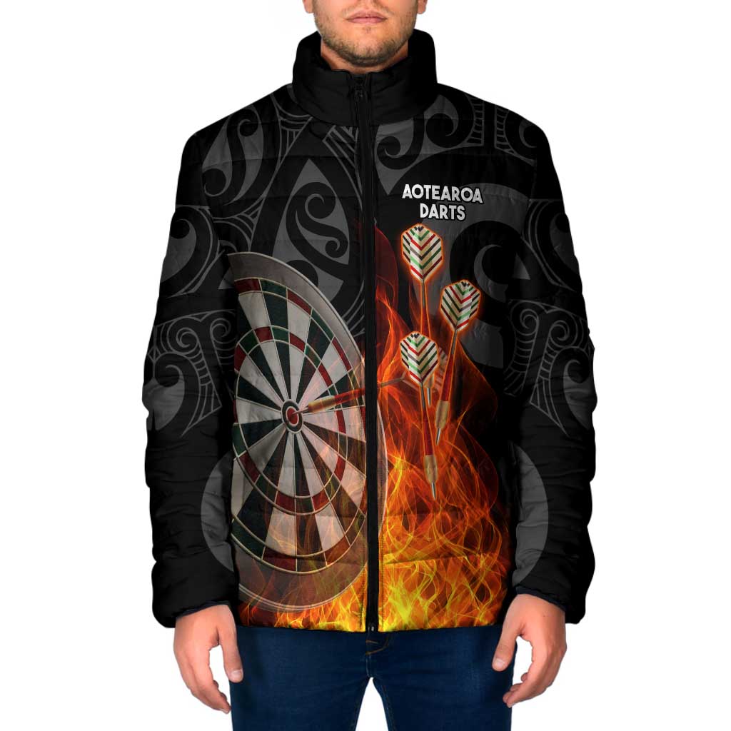 Personalised Aotearoa Darts Padded Jacket Maori Koru Flaming Dartboard LT14 Men Black - Polynesian Pride