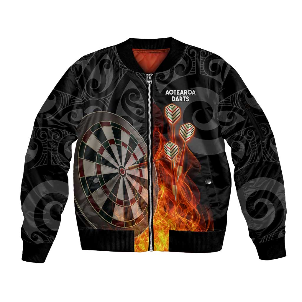 Personalised Aotearoa Darts Sleeve Zip Bomber Jacket Maori Koru Flaming Dartboard
