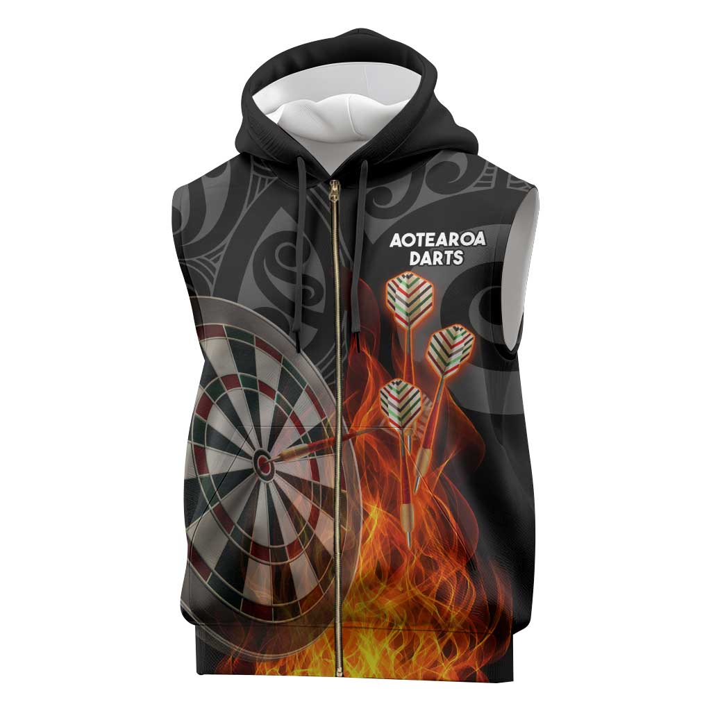 Personalised Aotearoa Darts Sleeveless Zip Hoodie Maori Koru Flaming Dartboard - Polynesian Pride
