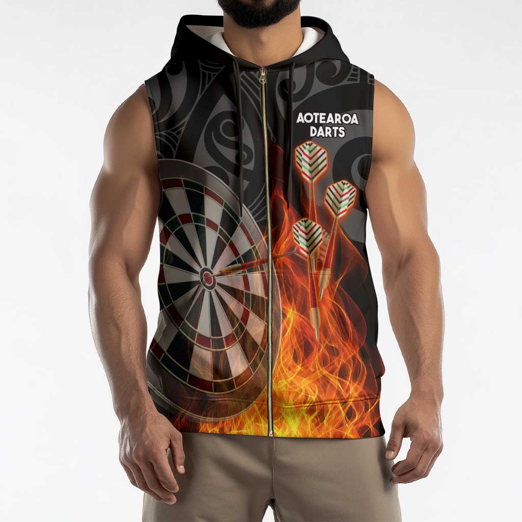 Personalised Aotearoa Darts Sleeveless Zip Hoodie Maori Koru Flaming Dartboard - Polynesian Pride