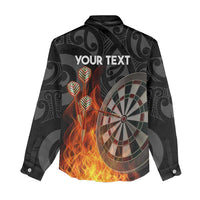 Personalised Aotearoa Darts Women Casual Shirt Maori Koru Flaming Dartboard