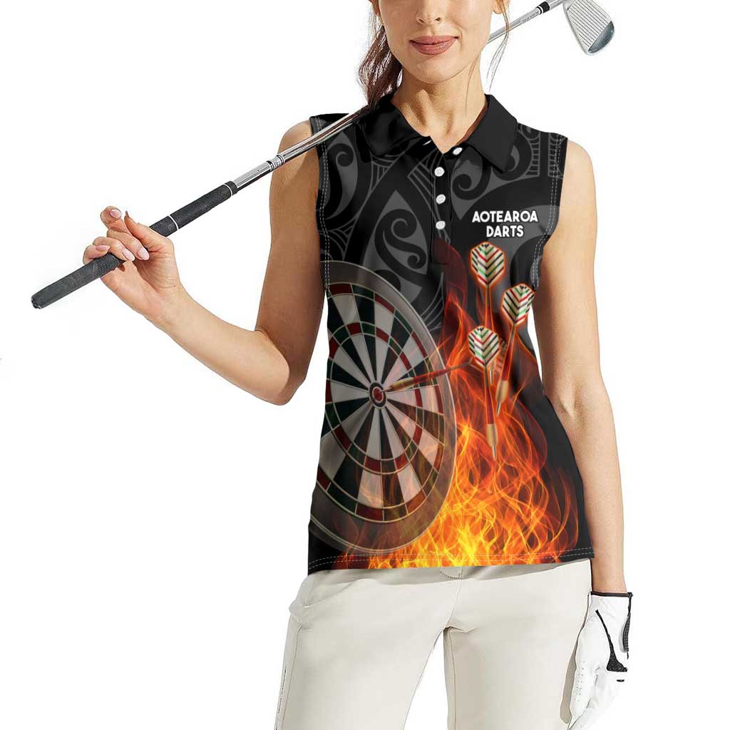 Personalised Aotearoa Darts Women Sleeveless Polo Shirt Maori Koru Flaming Dartboard