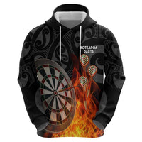 Personalised Aotearoa Darts Zip Hoodie Maori Koru Flaming Dartboard