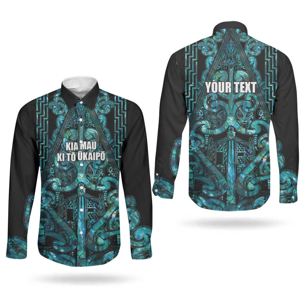 Maori Language Week Personalised Couples Matching Off Shoulder Maxi Dress and Long Sleeve Button Shirt Kia Mau Ki To Ukaipo Paua Shell Color LT14 - Polynesian Pride
