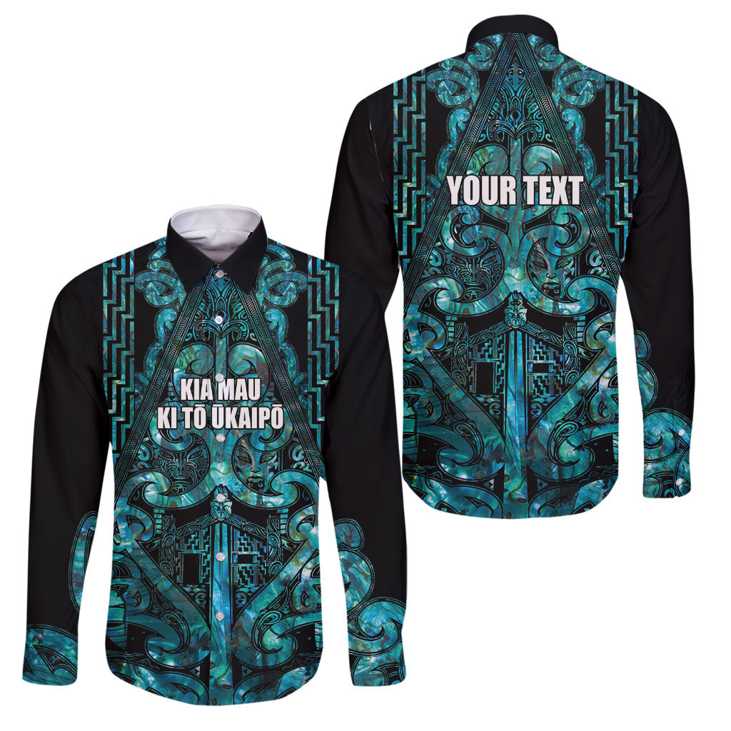 Maori Language Week Personalised Family Matching Tank Maxi Dress and Hawaiian Shirt Kia Mau Ki To Ukaipo Paua Shell Color LT14 Dad's Shirt - Long Sleeve Turquoise - Polynesian Pride