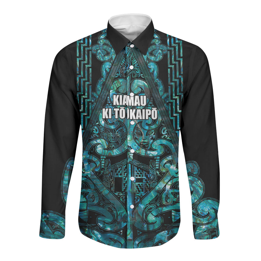 Maori Language Week Personalised Long Sleeve Button Shirt Kia Mau Ki To Ukaipo Paua Shell Color LT14 Unisex Turquoise - Polynesian Pride