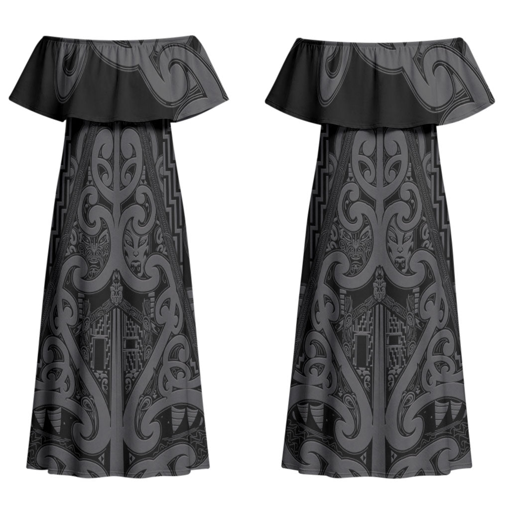 Maori Language Week Personalised Couples Matching Off Shoulder Maxi Dress and Hawaiian Shirt Kia Mau Ki To Ukaipo Grey Color LT14 - Polynesian Pride