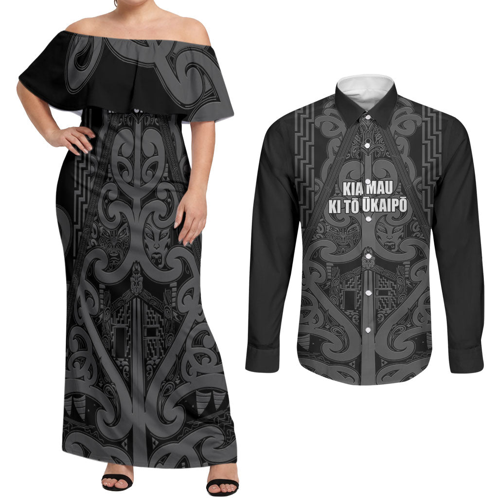 Maori Language Week Personalised Couples Matching Off Shoulder Maxi Dress and Long Sleeve Button Shirt Kia Mau Ki To Ukaipo Grey Color LT14 Grey - Polynesian Pride