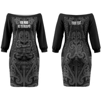 Maori Language Week Personalised Family Matching Off The Shoulder Long Sleeve Dress and Hawaiian Shirt Kia Mau Ki To Ukaipo Grey Color LT14 Mom's Dress Grey - Polynesian Pride