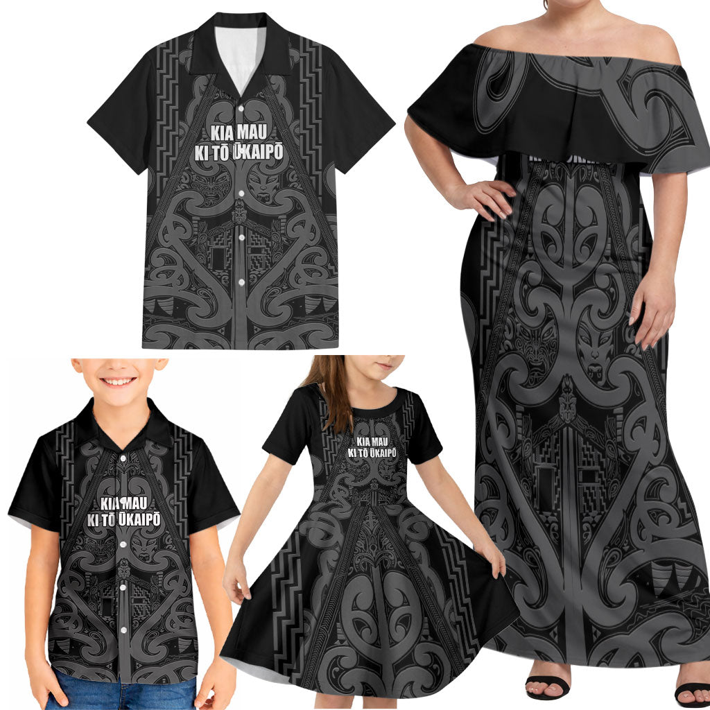 Maori Language Week Personalised Family Matching Off Shoulder Maxi Dress and Hawaiian Shirt Kia Mau Ki To Ukaipo Grey Color LT14 - Polynesian Pride