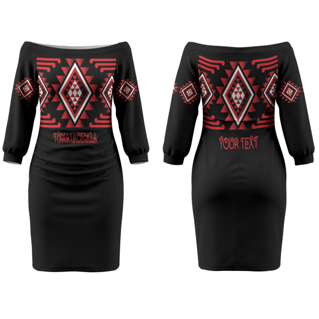 Aotearoa Atua Tumatauenga Personalised Couples Matching Off The Shoulder Long Sleeve Dress and Long Sleeve Button Shirt Maori God Of War Taniko Motifs LT14 - Polynesian Pride
