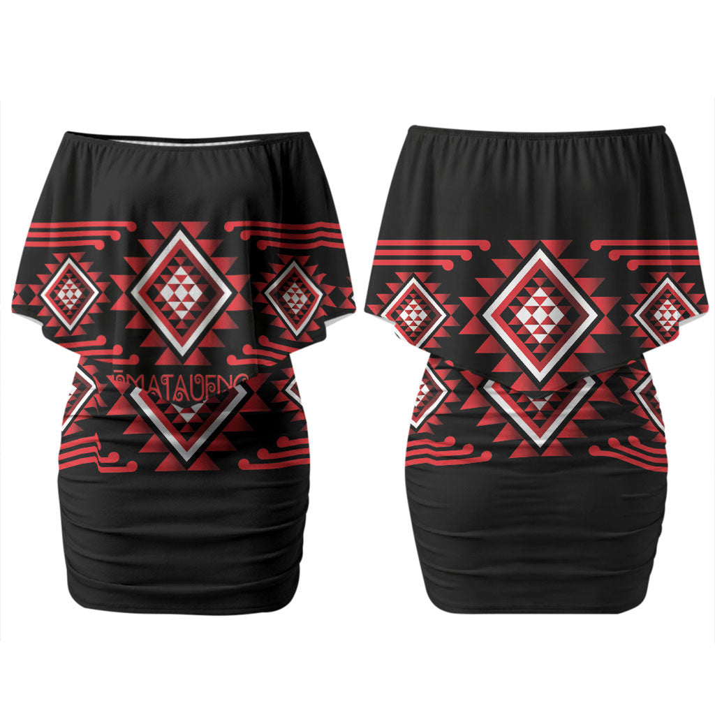 Aotearoa Atua Tumatauenga Personalised Family Matching Off Shoulder Short Dress and Hawaiian Shirt Maori God Of War Taniko Motifs LT14 Mom's Dress Red - Polynesian Pride