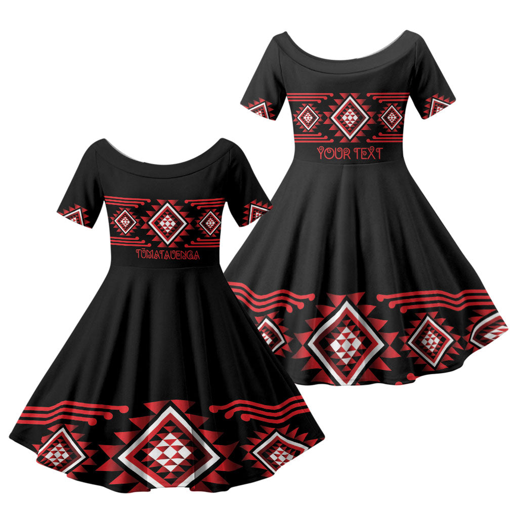 Aotearoa Atua Tumatauenga Personalised Family Matching Off Shoulder Short Dress and Hawaiian Shirt Maori God Of War Taniko Motifs LT14 Daughter's Dress Red - Polynesian Pride