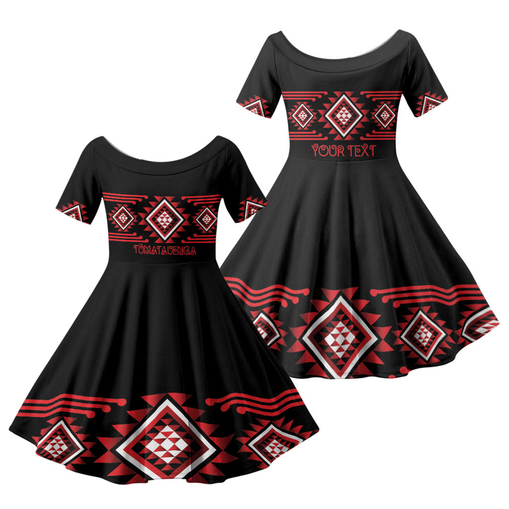 Aotearoa Atua Tumatauenga Personalised Family Matching Puletasi and Hawaiian Shirt Maori God Of War Taniko Motifs LT14 Daughter's Dress Red - Polynesian Pride