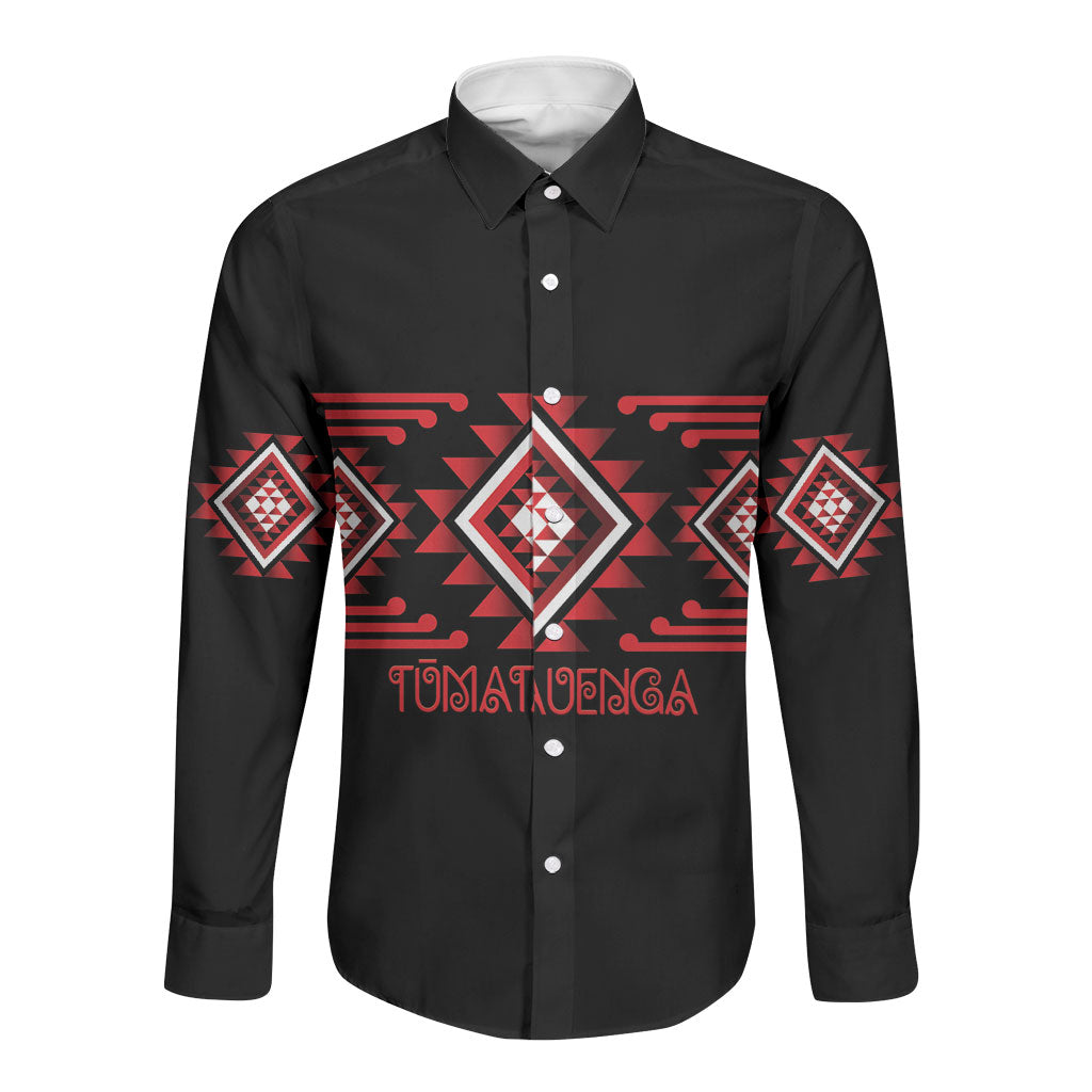 Aotearoa Atua Tumatauenga Personalised Long Sleeve Button Shirt Maori God Of War Taniko Motifs LT14 Unisex Red - Polynesian Pride