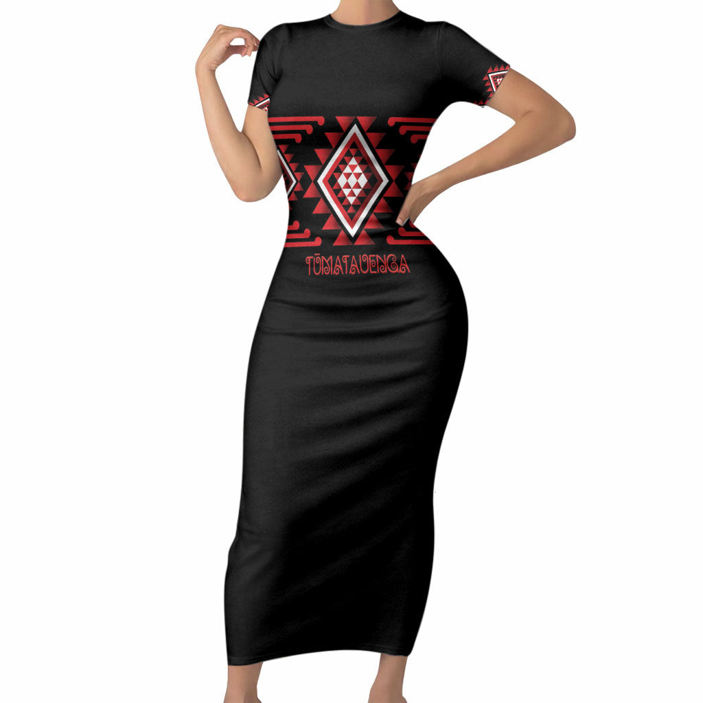Aotearoa Atua Tumatauenga Personalised Short Sleeve Bodycon Dress Maori God Of War Taniko Motifs LT14 Long Dress Red - Polynesian Pride