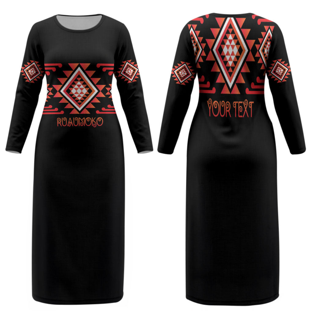 Aotearoa Atua Ruaumoko Personalised Family Matching Long Sleeve Bodycon Dress and Hawaiian Shirt Maori Powerful God Taniko Motifs LT14 Mom's Dress Orange - Polynesian Pride