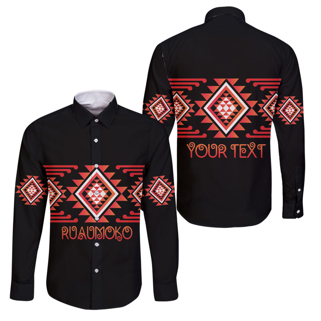 Aotearoa Atua Ruaumoko Personalised Family Matching Off The Shoulder Long Sleeve Dress and Hawaiian Shirt Maori Powerful God Taniko Motifs LT14 Dad's Shirt - Long Sleeve Orange - Polynesian Pride