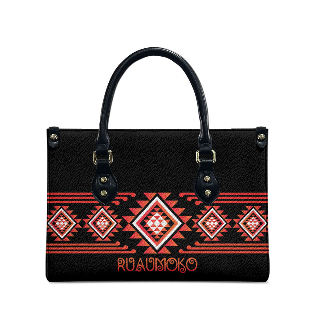 Aotearoa Atua Ruaumoko Leather Bag Maori Powerful God Taniko Motifs LT14 - Polynesian Pride