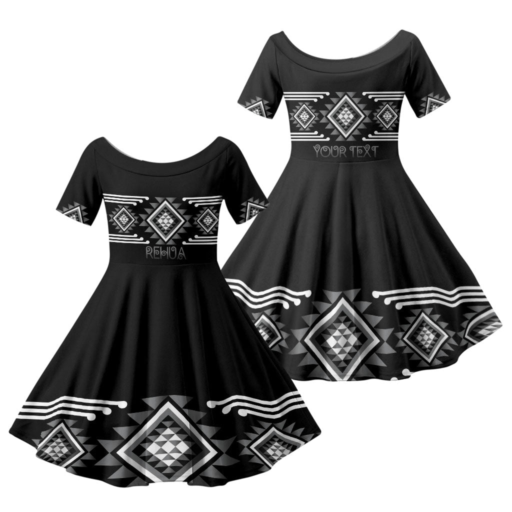 Aotearoa Atua Rehua Personalised Family Matching Off The Shoulder Long Sleeve Dress and Hawaiian Shirt Maori God Of Healing Taniko Motifs LT14 Daughter's Dress Grey - Polynesian Pride