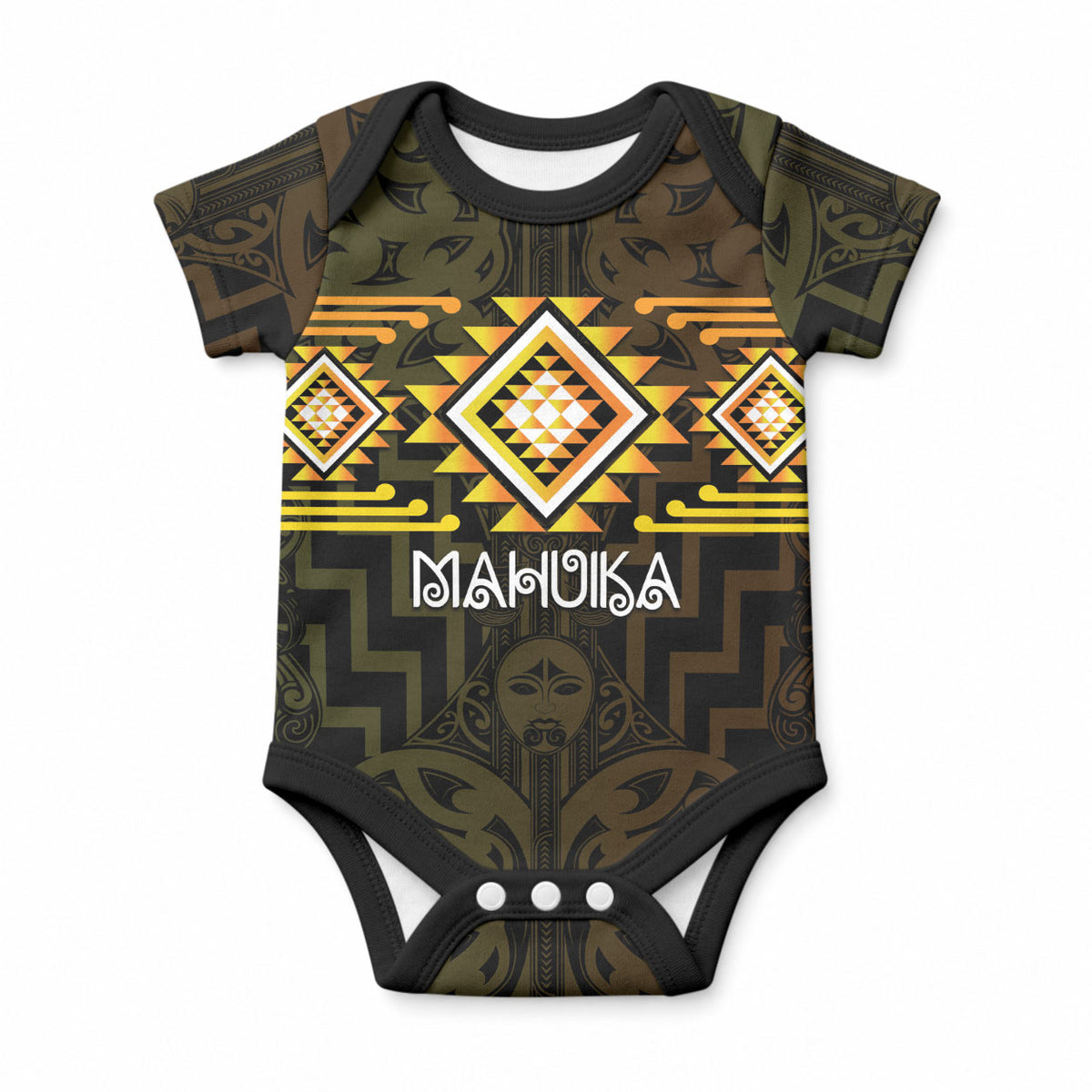 Aotearoa Atua Mahuika Personalised Baby Onesie Maori Goddess Of Fire Taniko Motifs