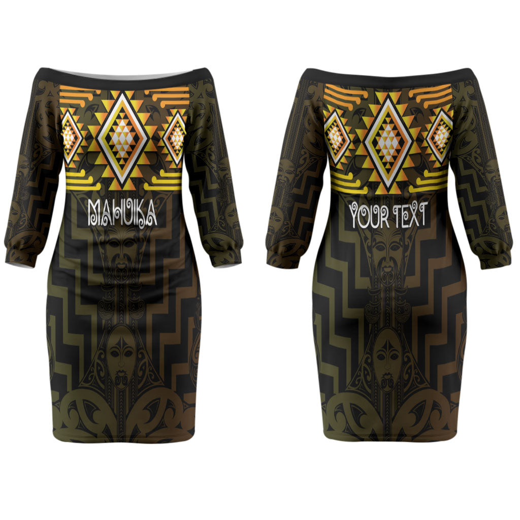 Aotearoa Atua Mahuika Personalised Couples Matching Off The Shoulder Long Sleeve Dress and Hawaiian Shirt Maori Goddess Of Fire Taniko Motifs LT14 - Polynesian Pride
