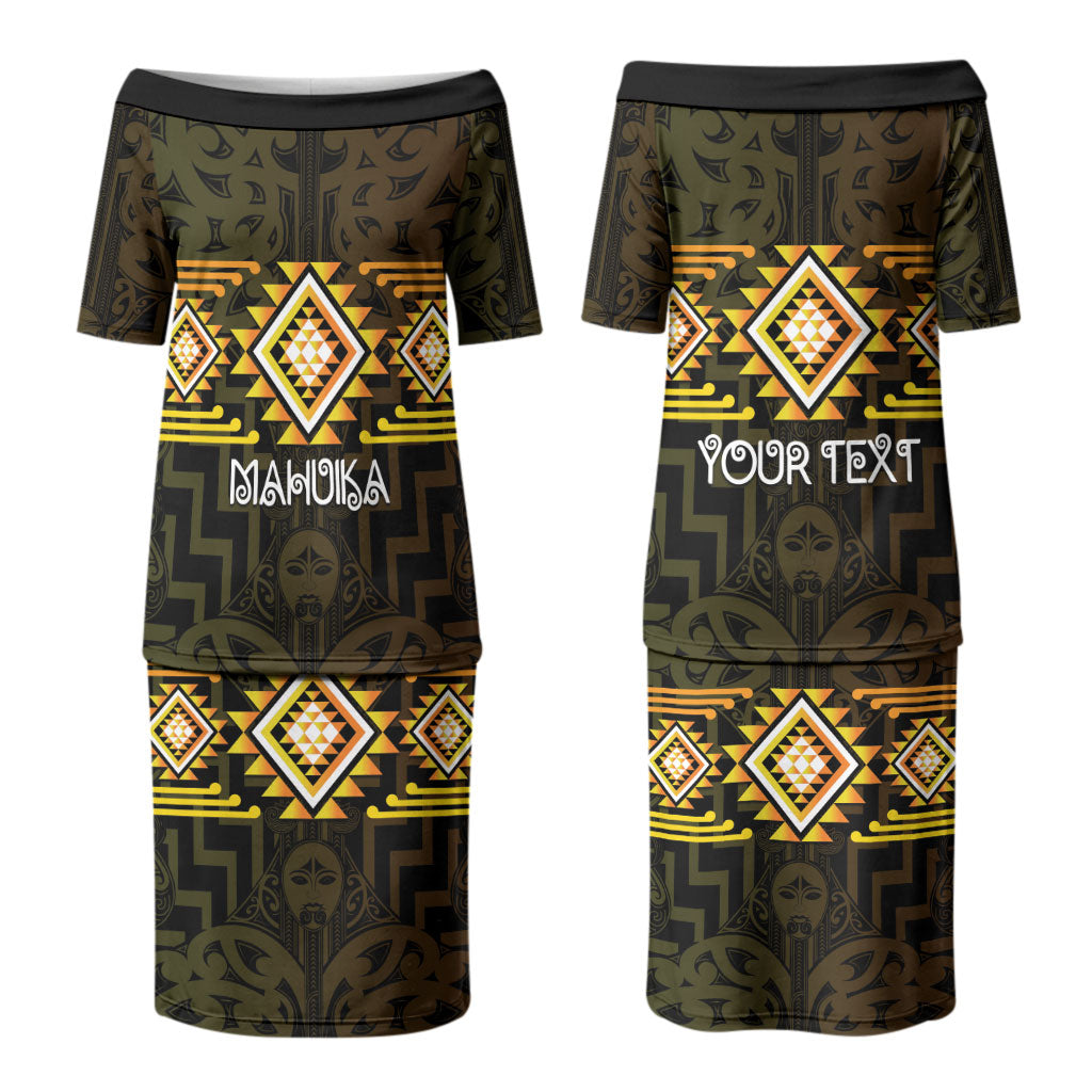 Aotearoa Atua Mahuika Personalised Couples Matching Puletasi and Long Sleeve Button Shirt Maori Goddess Of Fire Taniko Motifs LT14 - Polynesian Pride