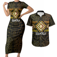 Aotearoa Atua Mahuika Personalised Couples Matching Short Sleeve Bodycon Dress and Hawaiian Shirt Maori Goddess Of Fire Taniko Motifs LT14 Yellow - Polynesian Pride