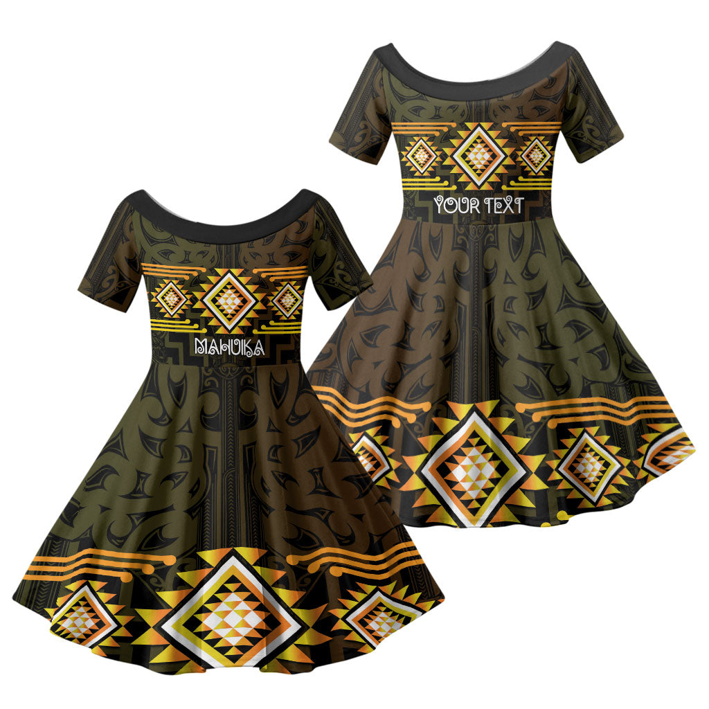 Aotearoa Atua Mahuika Personalised Family Matching Off Shoulder Short Dress and Hawaiian Shirt Maori Goddess Of Fire Taniko Motifs LT14 Daughter's Dress Yellow - Polynesian Pride