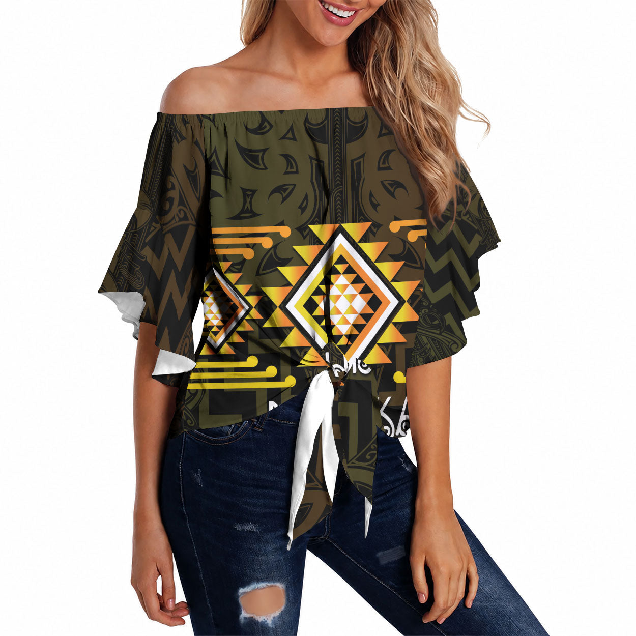 Aotearoa Atua Mahuika Personalised Off Shoulder Wrap Waist Top Maori Goddess Of Fire Taniko Motifs LT14 Yellow - Polynesian Pride