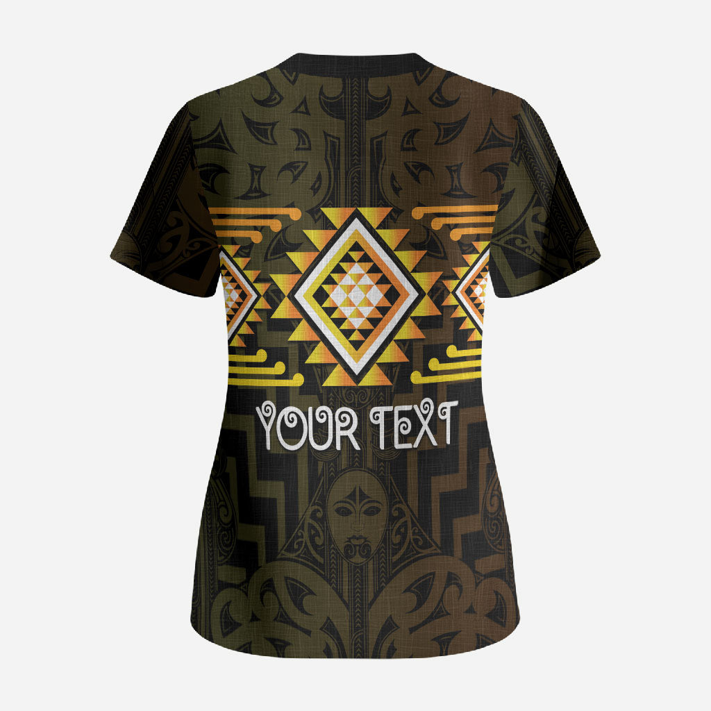 Aotearoa Atua Mahuika Personalised Scrub Top Maori Goddess Of Fire Taniko Motifs LT14 - Polynesian Pride