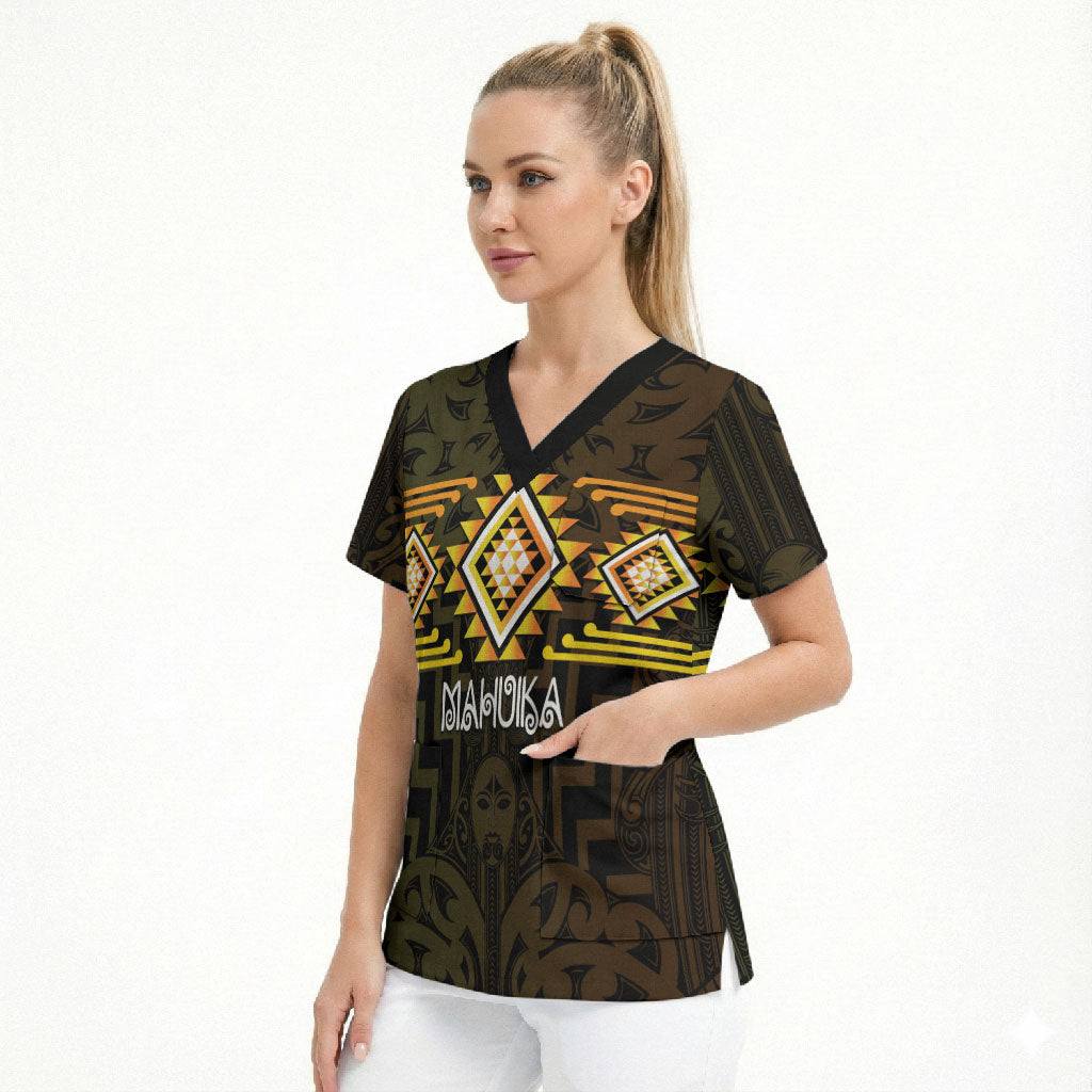 Aotearoa Atua Mahuika Personalised Scrub Top Maori Goddess Of Fire Taniko Motifs LT14 - Polynesian Pride
