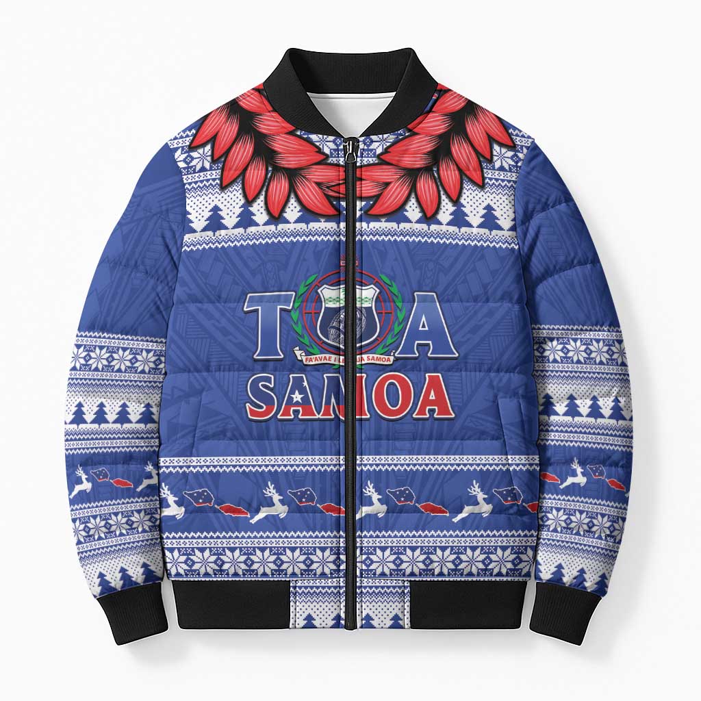 Personalised Toa Samoa Rugby Christmas Bomber Puffer Jacket Ula Fala Samoan Pattern Blue - Polynesian Pride
