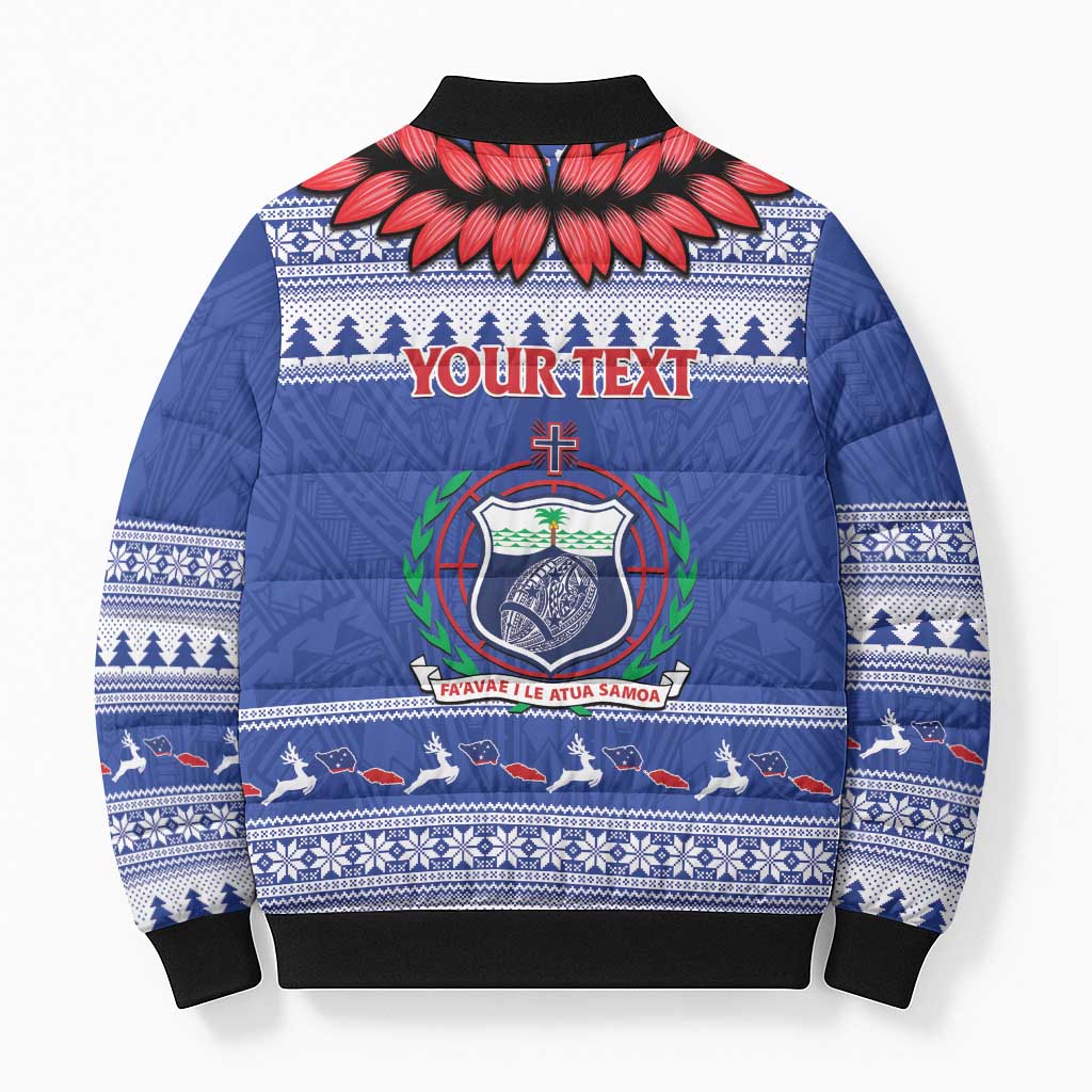 Personalised Toa Samoa Rugby Christmas Bomber Puffer Jacket Ula Fala Samoan Pattern Blue - Polynesian Pride