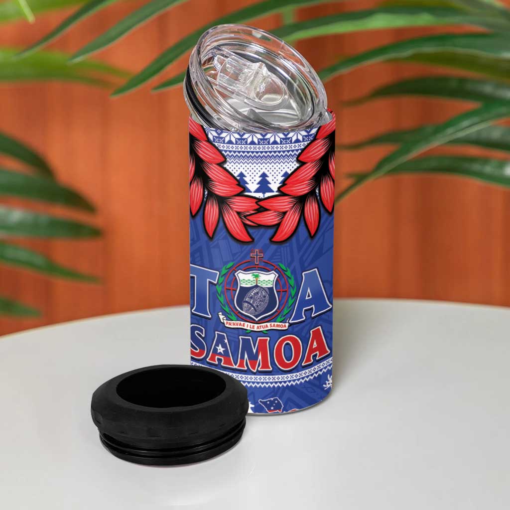 Toa Samoa Rugby Christmas 4 in 1 Can Cooler Tumbler Ula Fala Samoan Pattern Blue - Polynesian Pride