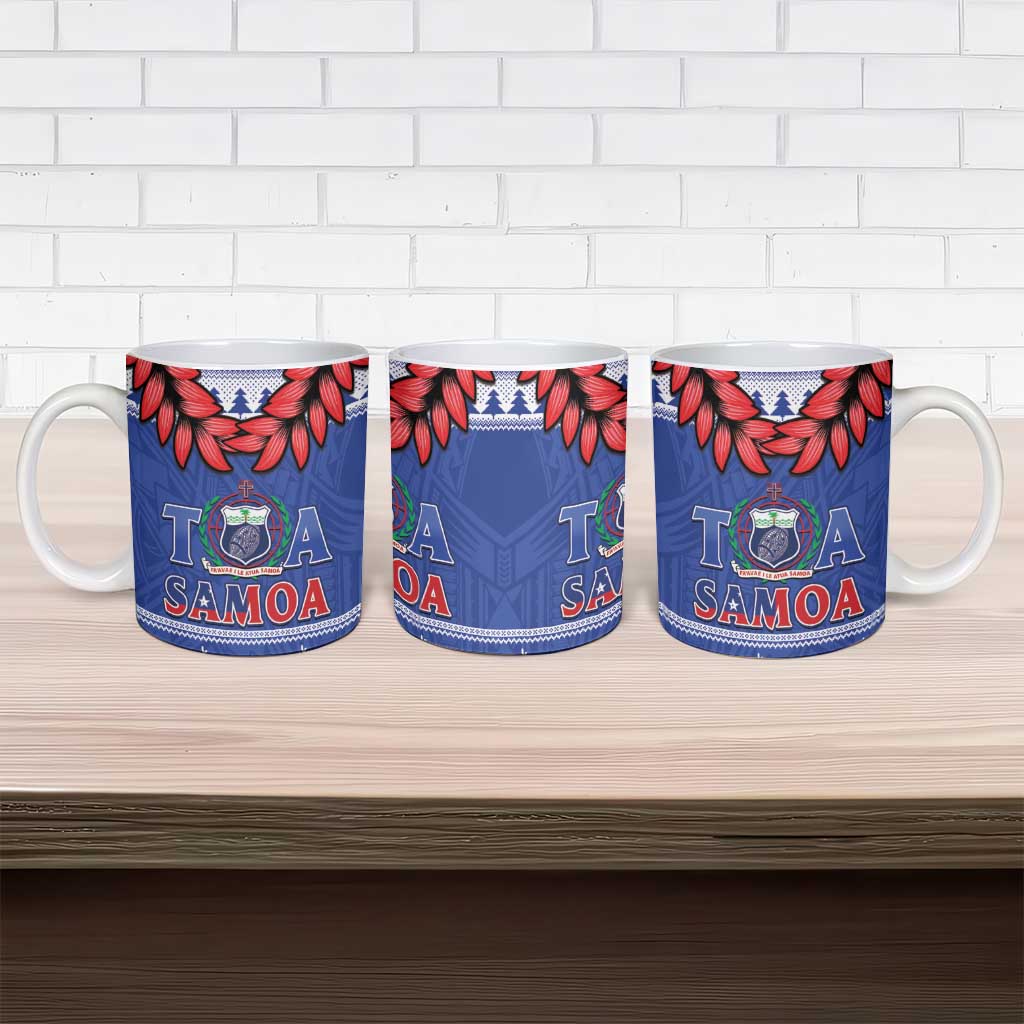 Toa Samoa Rugby Christmas Ceramic Mug Ula Fala Samoan Pattern Blue - Polynesian Pride