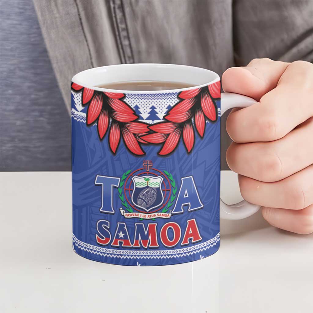 Toa Samoa Rugby Christmas Ceramic Mug Ula Fala Samoan Pattern Blue - Polynesian Pride