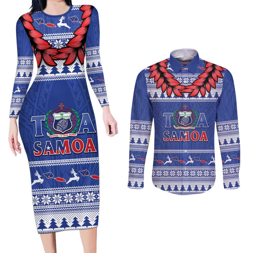 Personalised Toa Samoa Rugby Christmas Couples Matching Long Sleeve Bodycon Dress and Long Sleeve Button Shirt Ula Fala Samoan Pattern Blue - Polynesian Pride