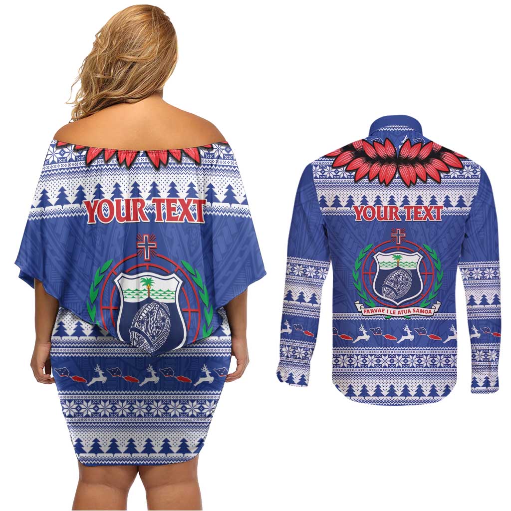 Personalised Toa Samoa Rugby Christmas Couples Matching Off Shoulder Short Dress and Long Sleeve Button Shirt Ula Fala Samoan Pattern Blue - Polynesian Pride