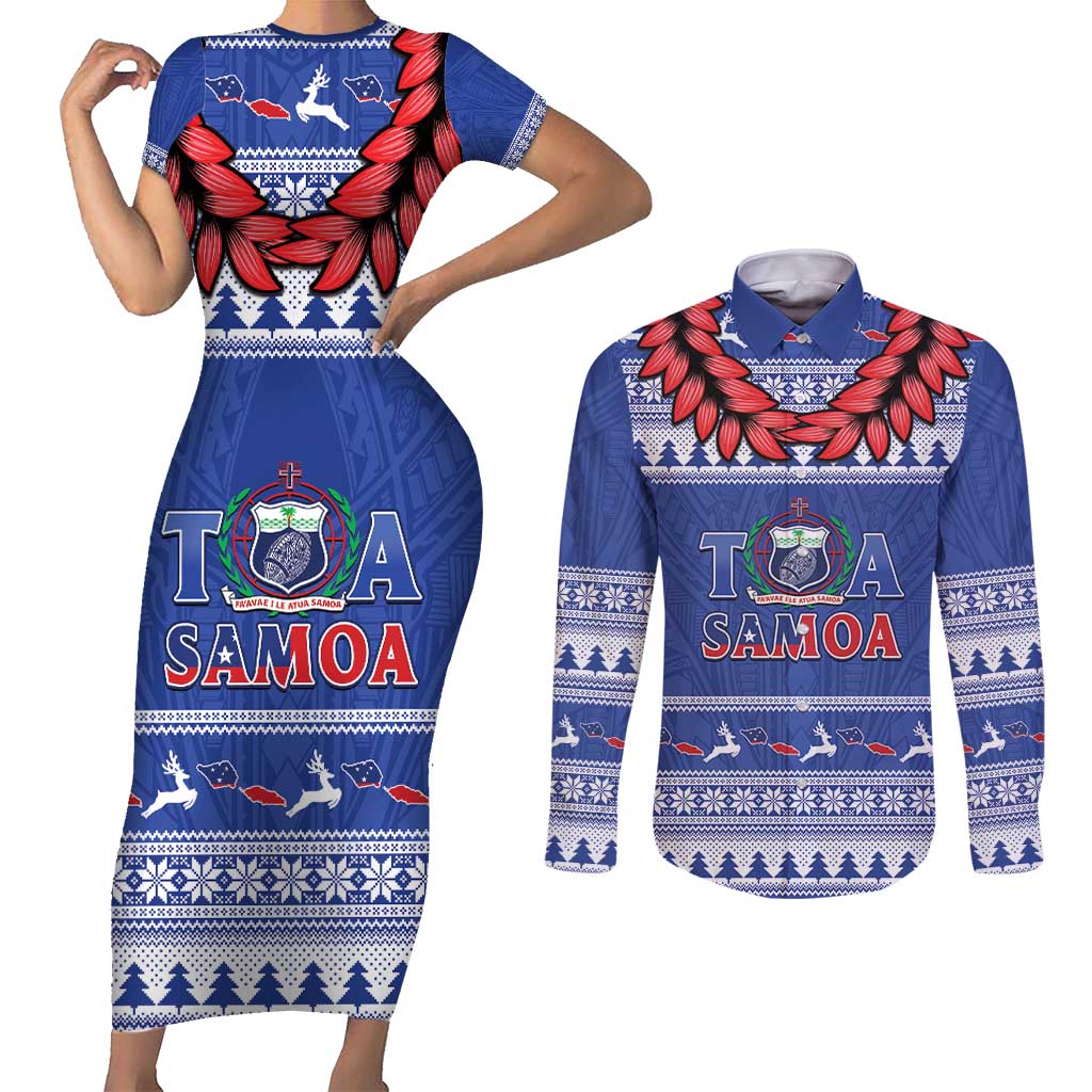 Personalised Toa Samoa Rugby Christmas Couples Matching Short Sleeve Bodycon Dress and Long Sleeve Button Shirt Ula Fala Samoan Pattern Blue - Polynesian Pride
