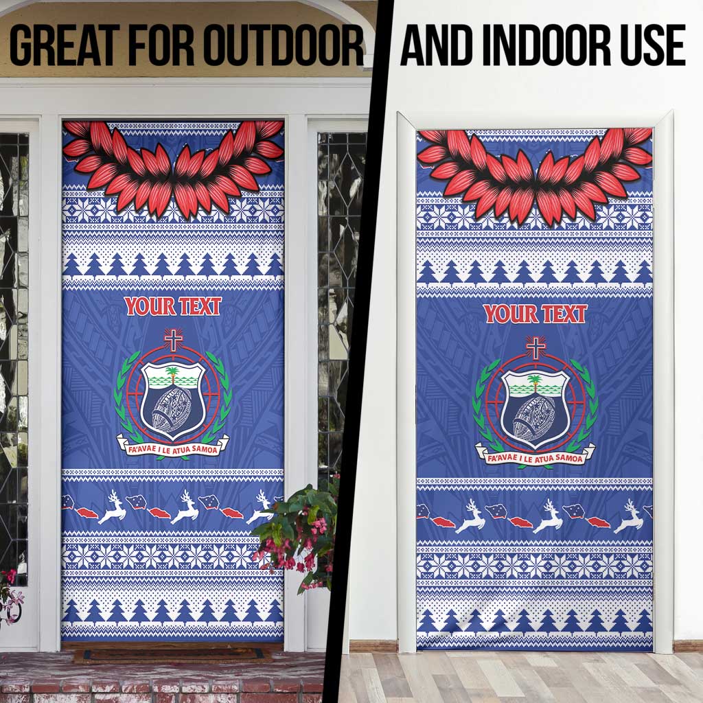 Personalised Toa Samoa Rugby Christmas Door Cover Ula Fala Samoan Pattern Blue - Polynesian Pride