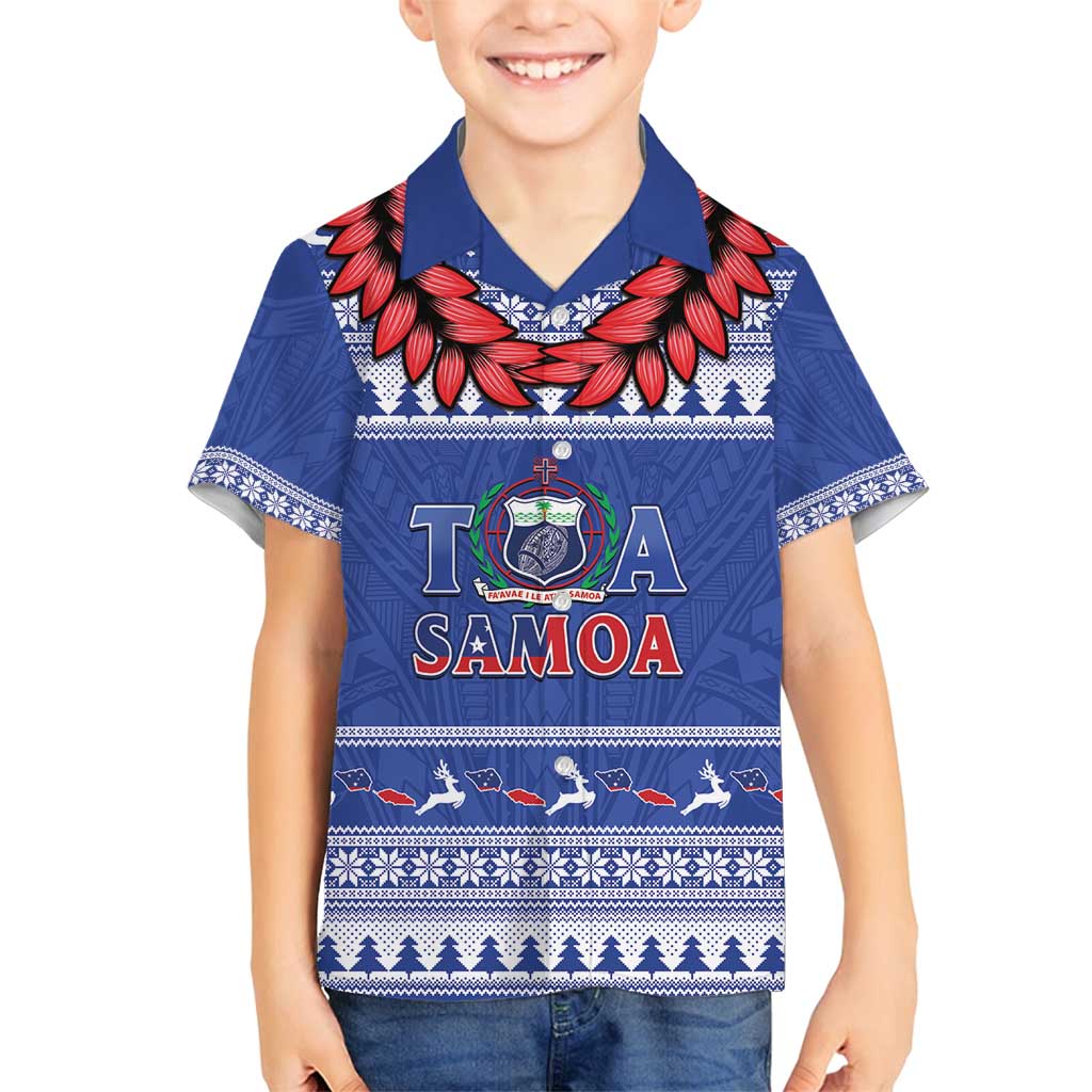 Personalised Toa Samoa Rugby Christmas Family Matching Long Sleeve Bodycon Dress and Hawaiian Shirt Ula Fala Samoan Pattern Blue - Polynesian Pride