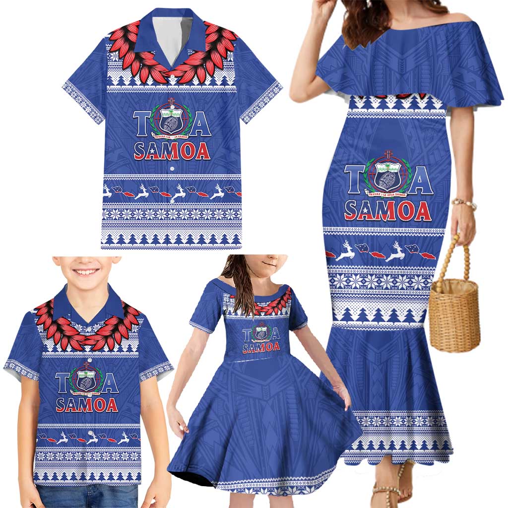 Personalised Toa Samoa Rugby Christmas Family Matching Mermaid Dress and Hawaiian Shirt Ula Fala Samoan Pattern Blue - Polynesian Pride