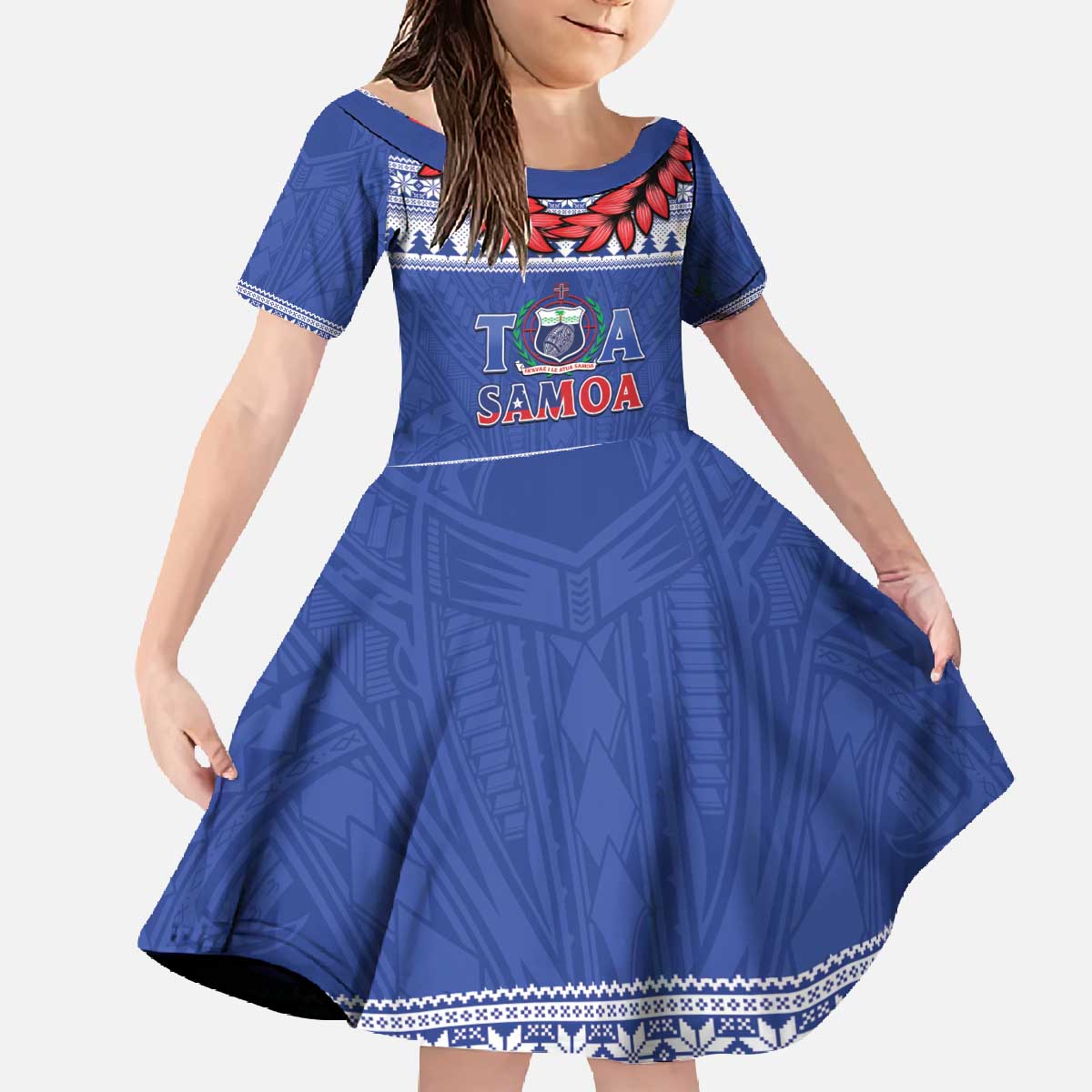 Personalised Toa Samoa Rugby Christmas Family Matching Off The Shoulder Long Sleeve Dress and Hawaiian Shirt Ula Fala Samoan Pattern Blue - Polynesian Pride