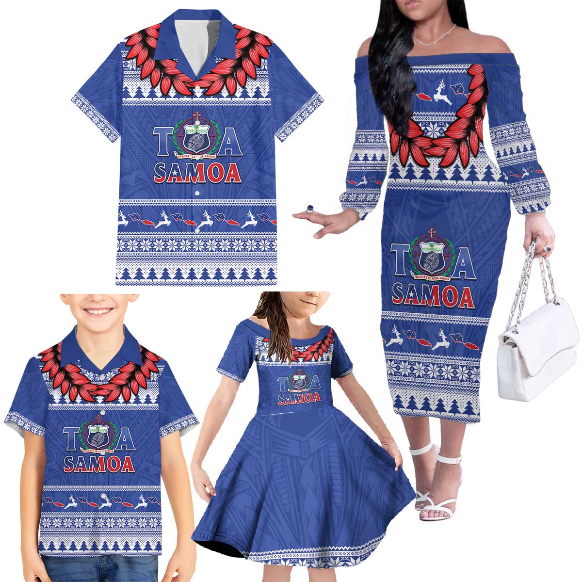 Personalised Toa Samoa Rugby Christmas Family Matching Off The Shoulder Long Sleeve Dress and Hawaiian Shirt Ula Fala Samoan Pattern Blue - Polynesian Pride